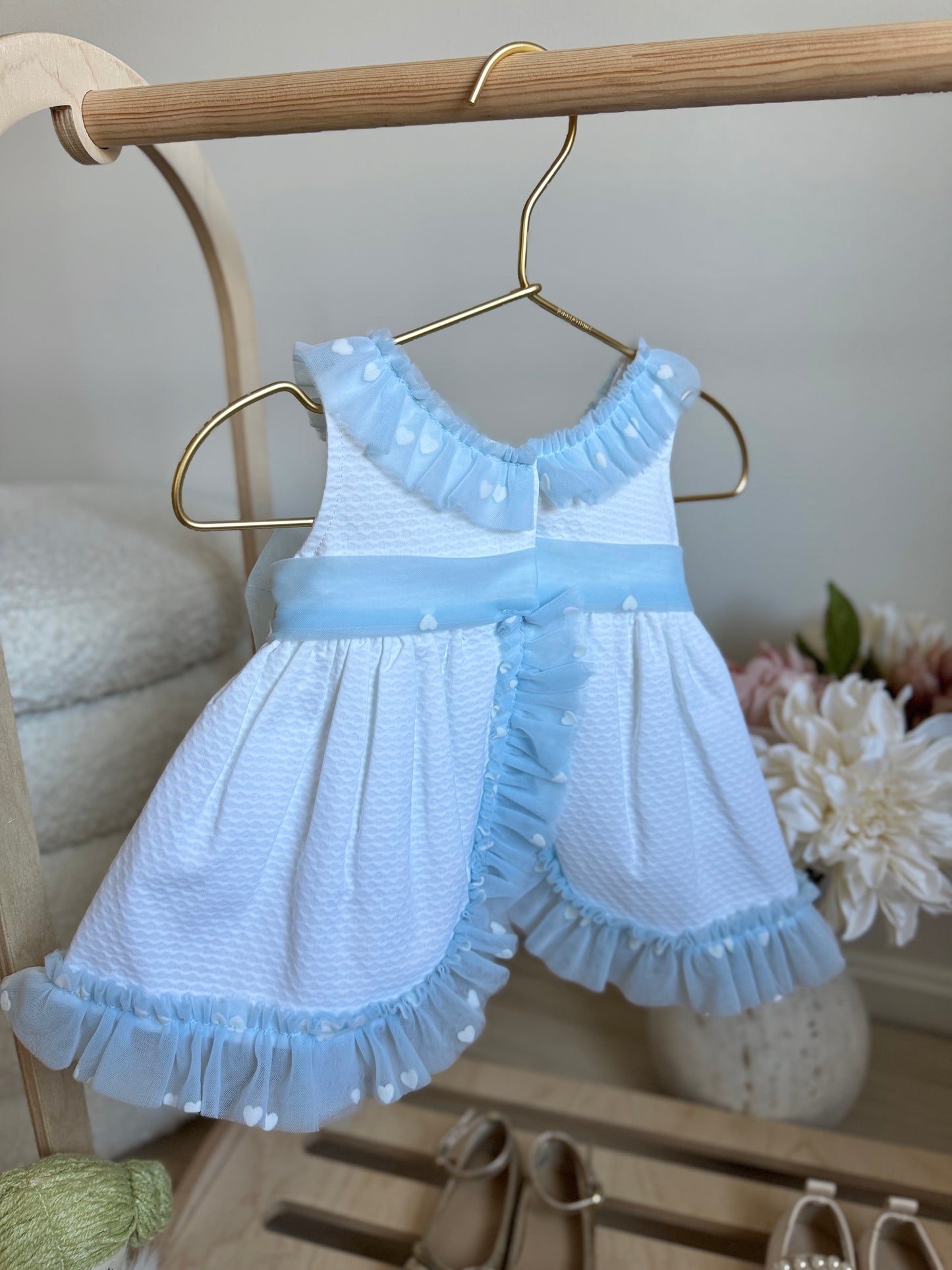 Ava Dress - White & Light Blue